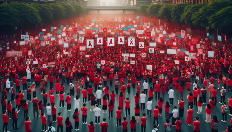 Imagem de praça pública com pessoas em camisetas vermelhas participando de ação de conscientização, campanha dezembro vermelho entenda campanha